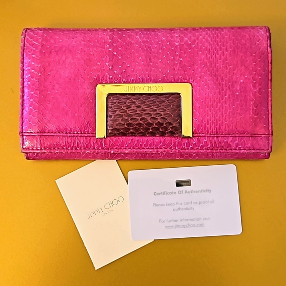 EUC Jimmy Choo Snakeskin Continental Wall in Hot Pink w/ COA